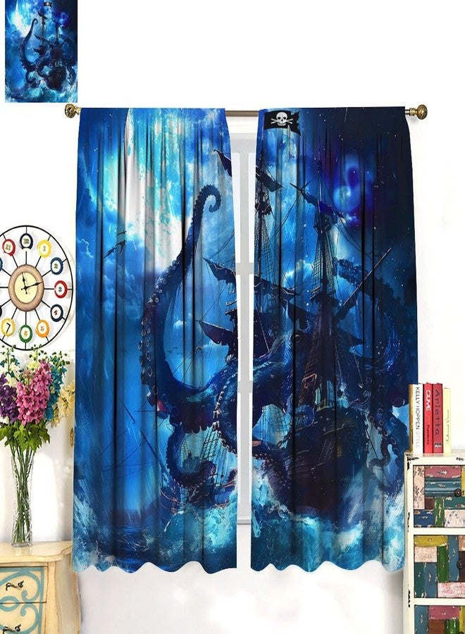AAVEUP Pirate Ship Curtains,Fantasy Horror Ocean Octopus Sea Monster Skeleton Ship Decor Window Treatments, Thermally Insulated Rod Pocket Drapes for Kids Boys Living Room Bedroom 42x45in - Image 5